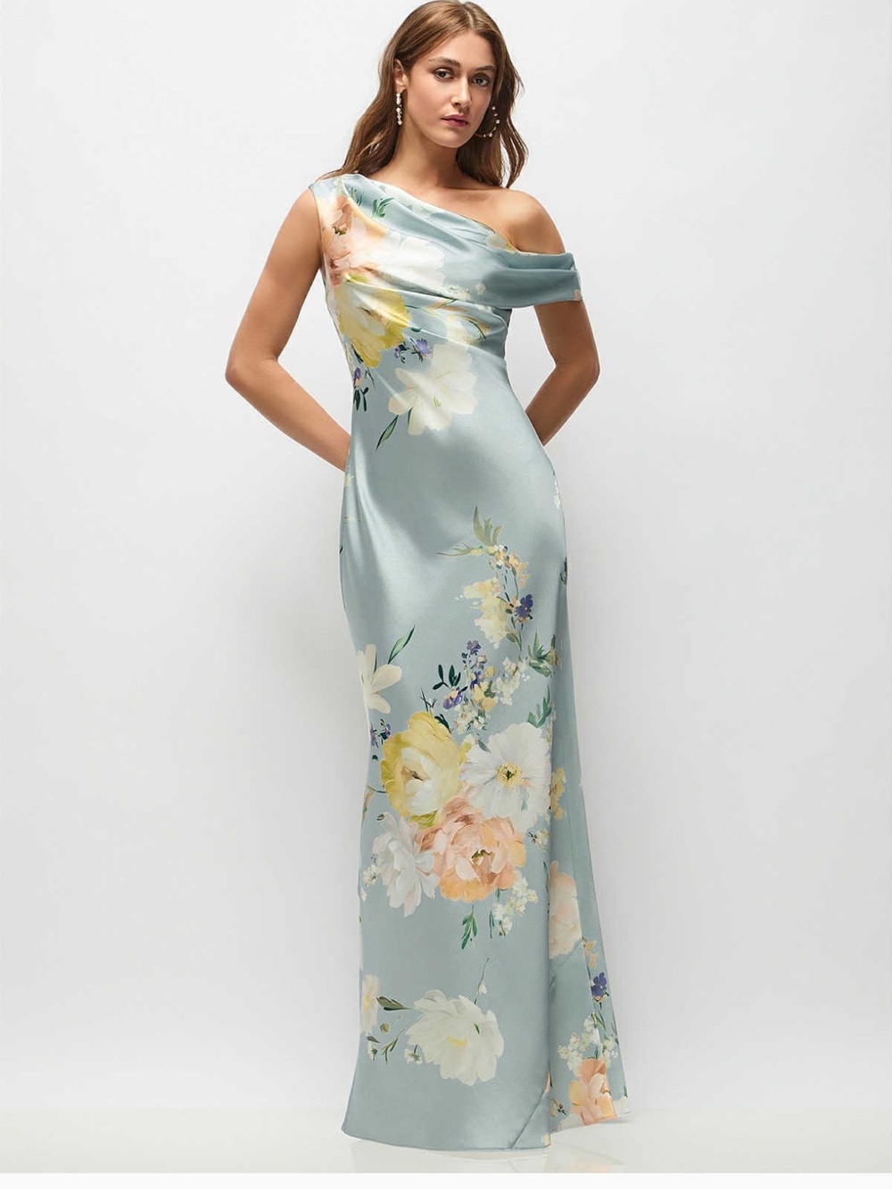 Dessy Collection Light Blue Floral Draped Gown - Picture 2 of 9